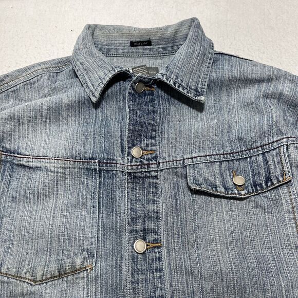 GB Black Label Men's Large Denim Jean Jacket Light Blue Distressed Metal Buttons - Picture 2 of 12